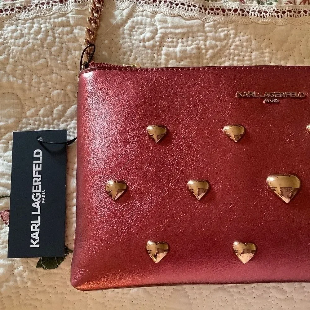 KARL LAGERFELD KAROLINA LIGHT METALLIC RED CRANBERRY CROSSBODY NEW WITH …